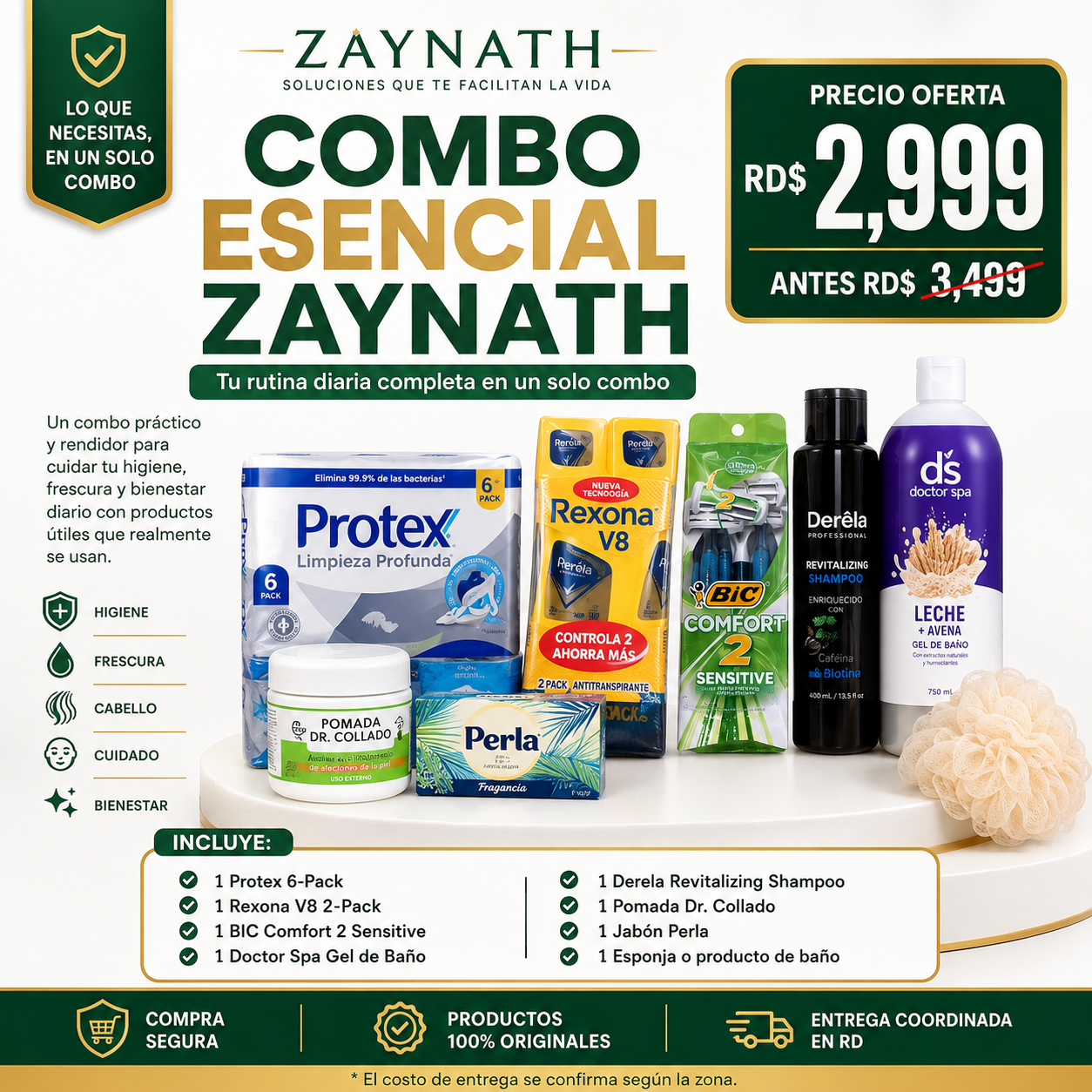 Combo Esencial Zaynath de cuidado personal e higiene diaria