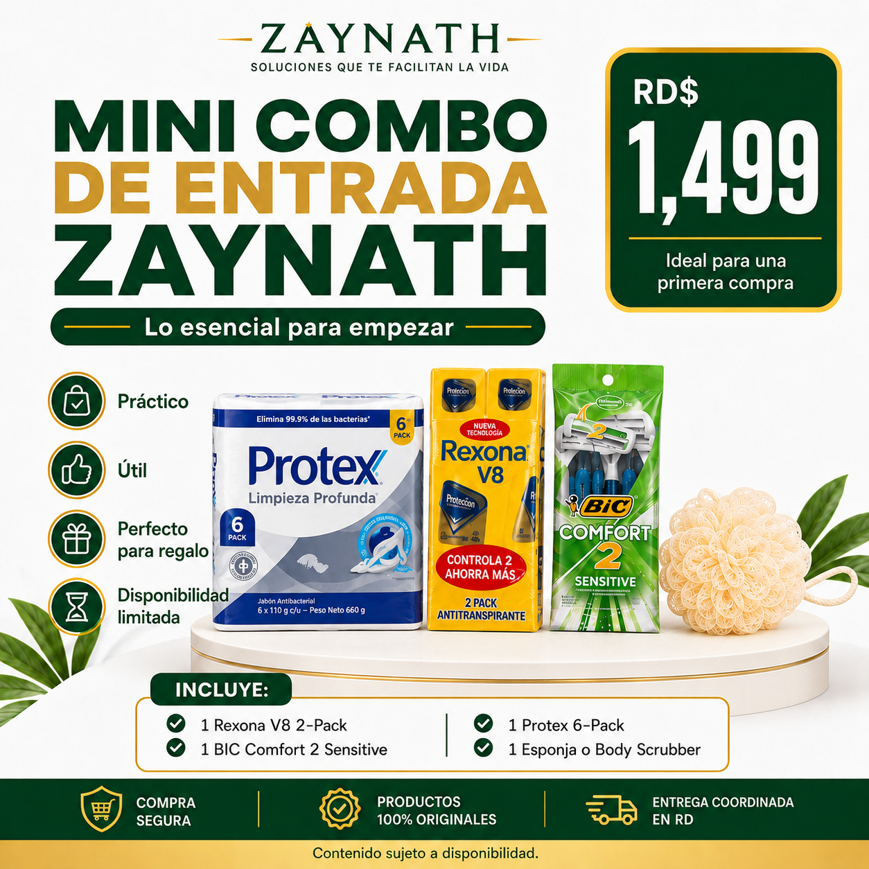 Mini Combo de Entrada Zaynath con Protex 6-Pack, Rexona V8, BIC Comfort 2 Sensitive y esponja